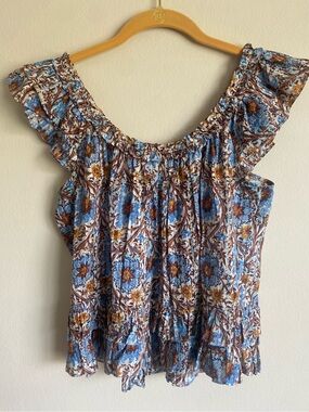 Ulla Johnson Tessa Top Caspia Blue Floral Ruffle Flutter Sleeve Peplum Blouse